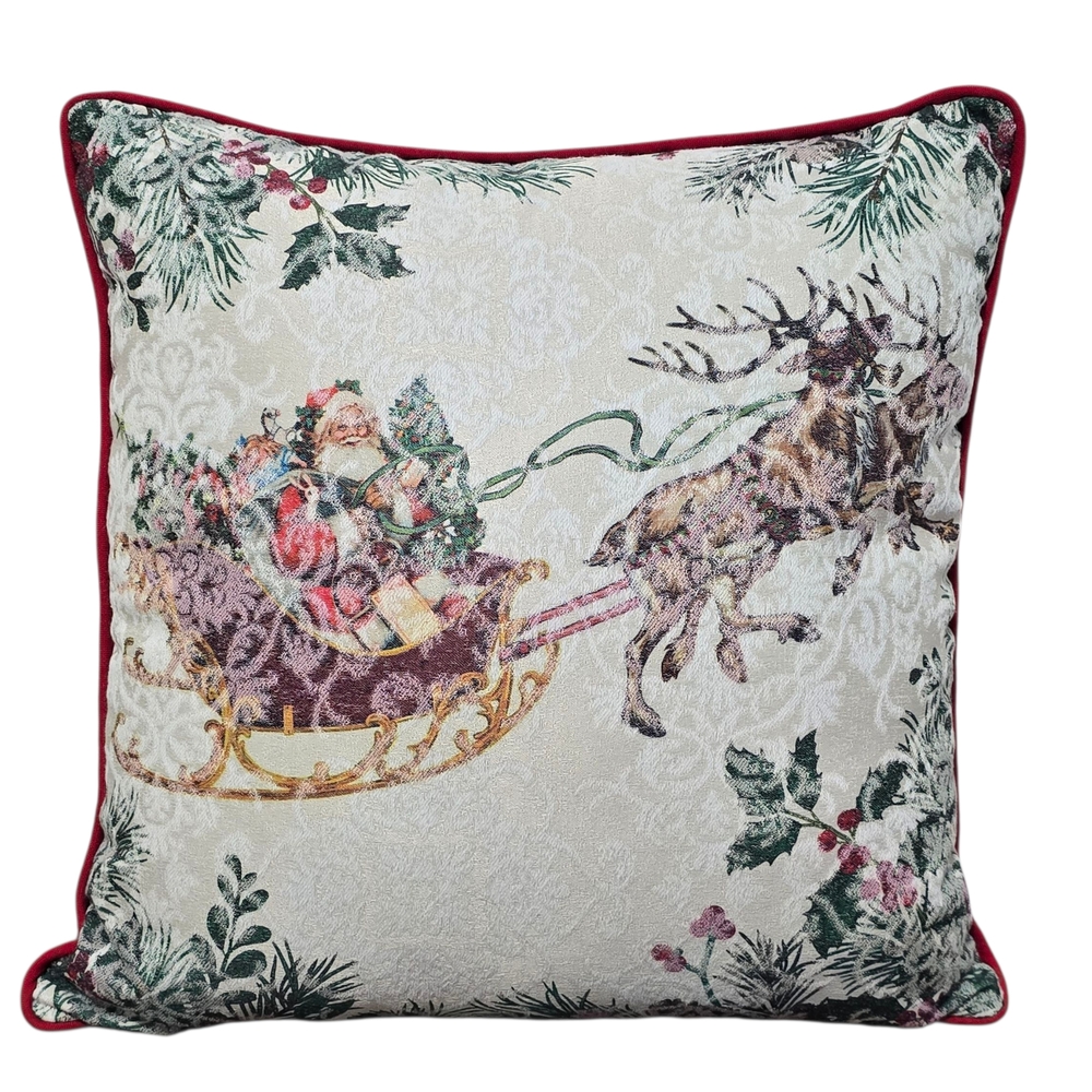 Woven Tapestry Christmas Santa Sleigh Reindeer Throw Pillow Covers Set 17x17
